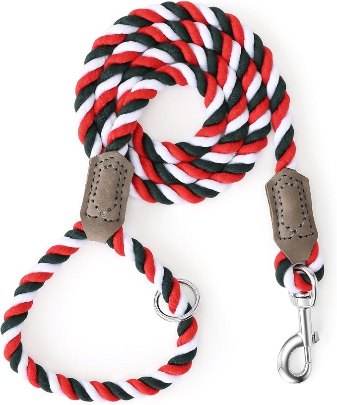 Mile High Life Rainbow Dog Leash Braided Cotton Rope w Leather-Wrapped Ends | Rust-proof 360° swivel clasp, Heavy-duty for medium/large breeds. Great for weddings, daily walks (5FT, 1/2", Red/Green)