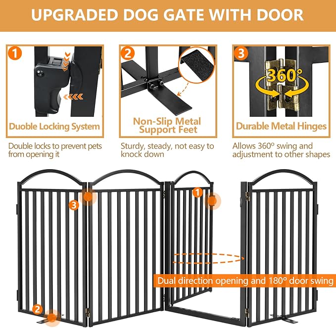 Malier Metal Freestanding Dog Gates with Door, Outdoor Indoor Dog Fences, Extra Wide Foldable Puppy Gate for Stairs, Hallways, Yard (Black, 96''W × 32''H【4 Panels】)