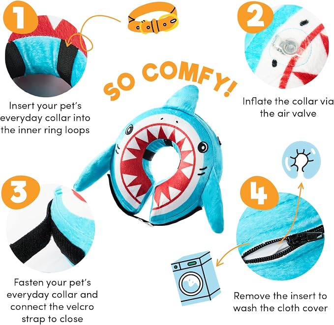 BENCMATE Inflatable Dog Cone Collar Alternative, Soft Dog Cone for Small Medium Large Dogs and Cats, Neck Recovery ECollar Donut Collar After Surgery (Medium, Shark)