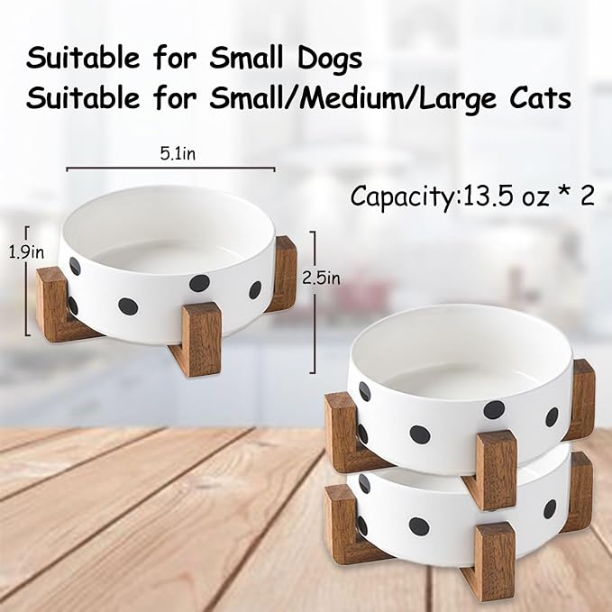 Petygooing Ceramic Dog Bowl Set with Stand, Small Pet Bowls, Anti-Slip Cat & Dog Food and Water Bowl Set (13.5OZ/5.1 in) Black Dot