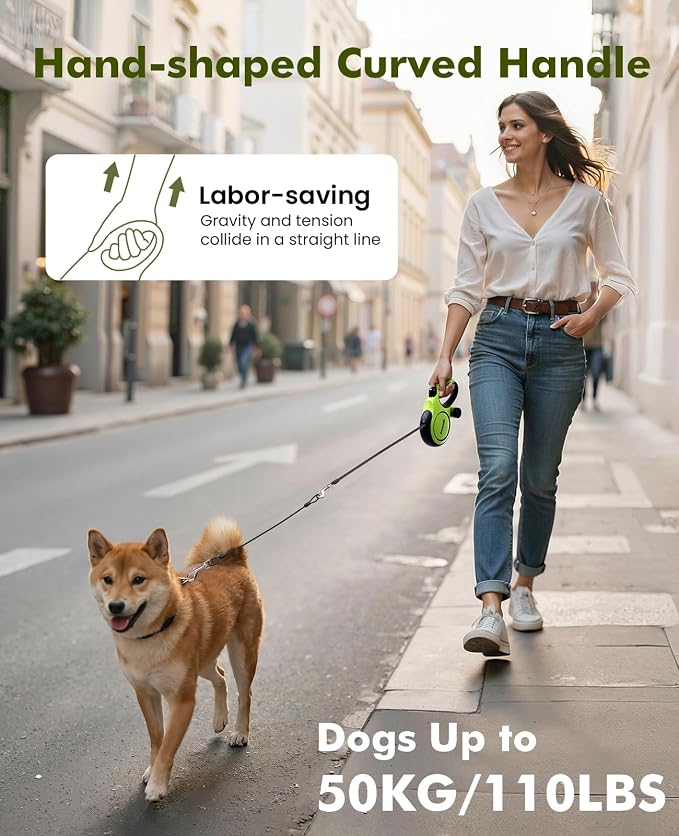 Pecute 16.4ft Retractable Dog Leash with 1.6ft Chew Proof Steel Cable | For Power Chewers & Pullers, Heavy Duty Locking for Medium/Large Dogs 33lbs-110lbs, Anti-Tangle & Poop Bag Holder Included
