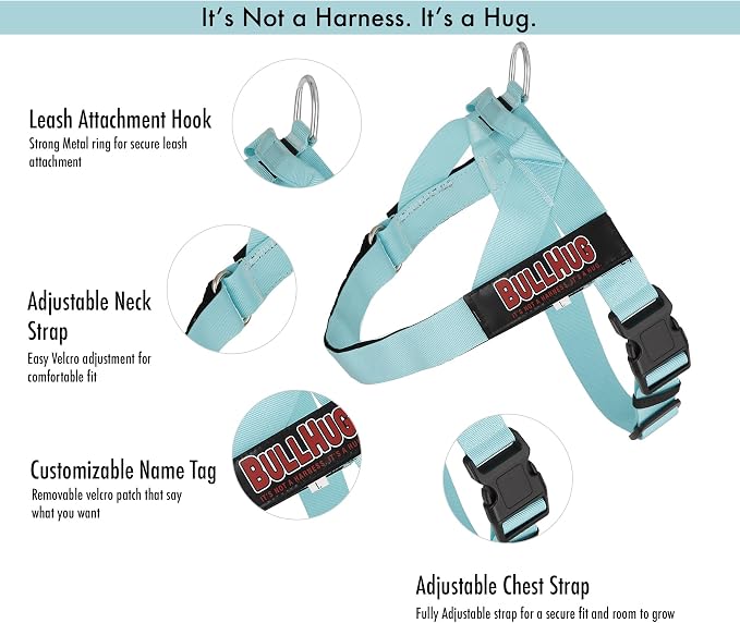 BULLHUG Adjustable Dog Harness– No Pull, No Choke – for English Bulldogs, French Bulldogs, Pugs & Broad-Chested Breeds – Easy, Safe Walks (Teal, Medium)