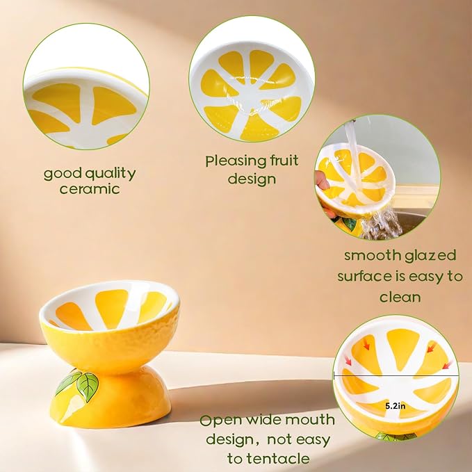 Hamiledyi Ceramic Raised Cat Bowl 5In Elevated Wide Cat Bowl for Food and Water Anti Vomiting Tilted Pet Feeder Dish for Indoor Cats and Small Dogs(Lemon)