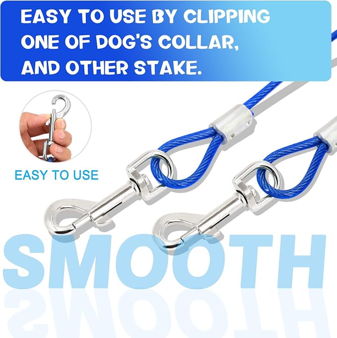 Dog Tie Out Cable and Stake 32/16/10 ft Outdoor, Yard and Camping, for Medium to Large Dogs Up to 125 lbs, 16" Stake, 32/16/10 ft Cable with Durable Spring and Metal Hooks for Outdoor