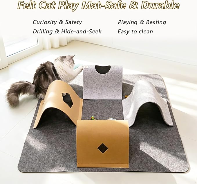 Cat Tunnel Mat for Indoor,4-Way Felt Cats Play Mat Cat Cave for Hide & Seek | Furphoria 39.4" Large Cat Activity Play Mat with 6 Pcs Toys Set Interactive Cat Enrichment for Kitten Tunnel (Grey)