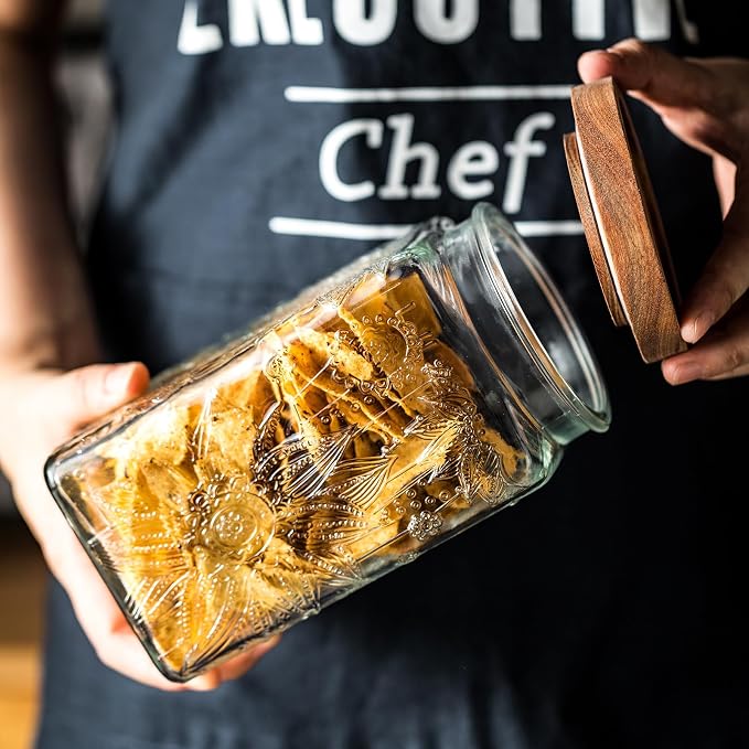 Vintage glass sealed storage jar with sealed wooden lid, Kitchen Storage glass food storage container for, coffee beans, oats, flour, cereal, food storage jar (Sunflower)