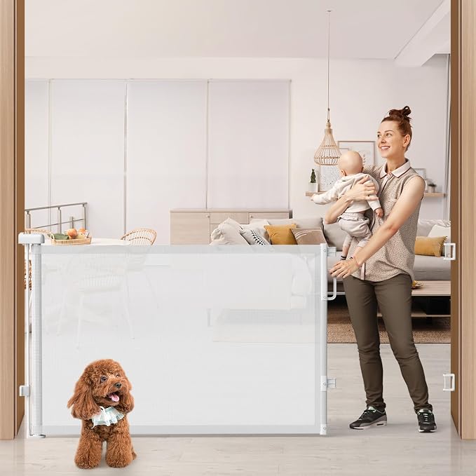 76" Retractable Baby Gates Extra Wide, Mesh Long Dog Gate for Deck | Indoor Outdoor Stair Gate for Wide Openings Doorways Hallways Porch, Child Pet Safety Essentials for Home, White