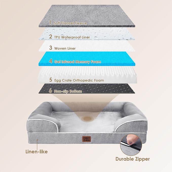EHEYCIGA Orthopedic Dog Beds Large Sized Dog, Waterproof Memory Foam Pet Bed with Sides, Non-Slip Bottom Large Pet Bed with Washable Removable Cover, Grey | Non-Slip Bottom and Egg-Crate Memory Foam XL Dog Couch Bed with Washable Removable Cover, Grey