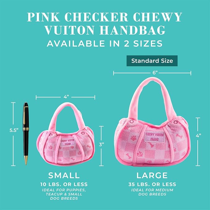 Haute Diggity Dog Chewy Vuiton Handbag Plush Squeaky Dog Toy, Soft Durable Designer-Inspired Stuffed Puppy Chew Toys for Small & Medium Dogs, Machine-Washable (Pink Checker) Small