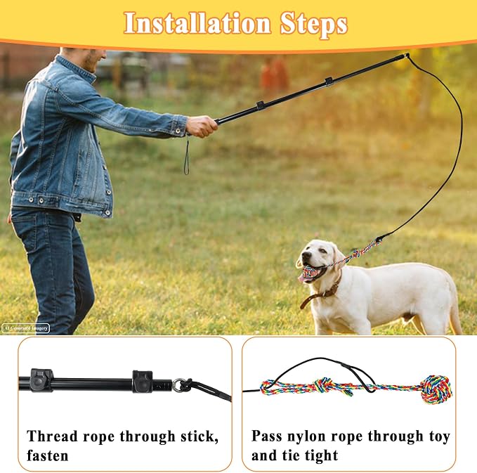Flirt Pole for Dogs, Heavy Duty Dog Teaser Wand with 3 Replacement Rope | Interactive Tug of War Chase Toy for Small Medium Large Dogs Portable Outdoor Exercise Training Play Equipment