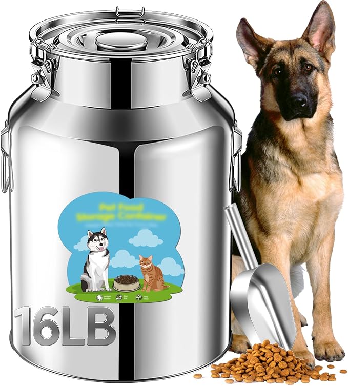 Newget 16lb Stainless Steel Dog Food Storage Container with Scoop | Airtight Seal, Hangable Lid for Easy Access, Scoop Included, for Cat Food, Bird Seed, Rice, Grain, Pantry Storage