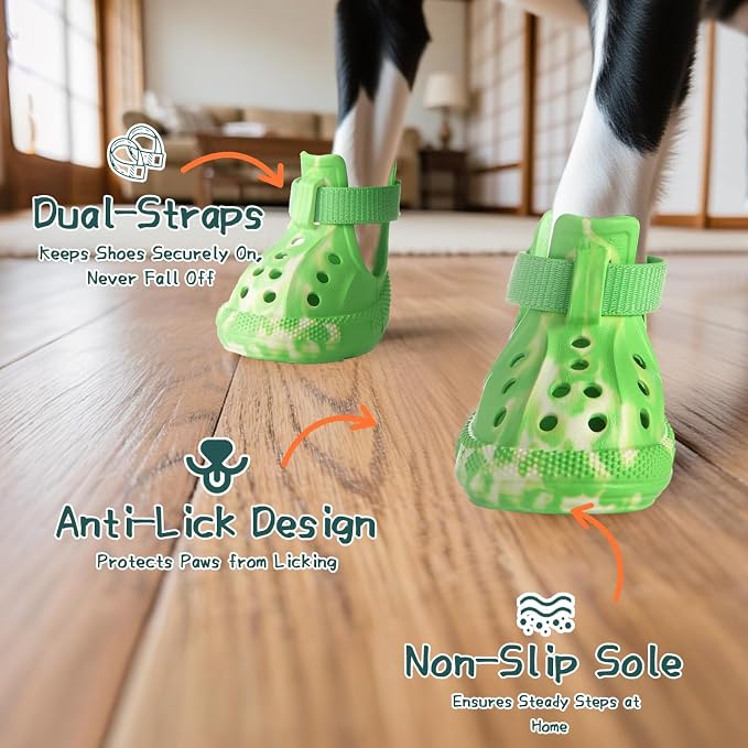 Dog Shoes for Hot Summer Pavement, Dog Shoes for Medium Dogs, Waterproof Dog Boots & Paw Protectors, Non-Slip Dog Rain Booties, Easy Clean Sandals for Beach Green Size 5
