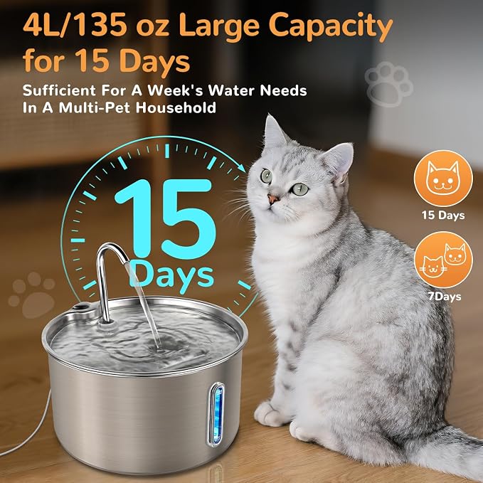 Stainless Steel Cat Water Fountain, 135oz/4L, 20 Filters | Ultra-Quiet Automatic Dog Water Dispenser with Adjustable Pump and 3 Flow Modes for Cats, Dogs, Multiple Pets