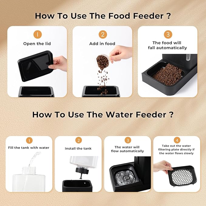 ZOMISIA Automatic Cat Feeder and Water Dispenser Set, 2 in 1 Gravity Cat Food Dispenser with 180 Degree Rotatable, Pet Self Feeding Large Capacity for Small Dogs Puppy Kitten, Black, 0.8 Gallon x 2