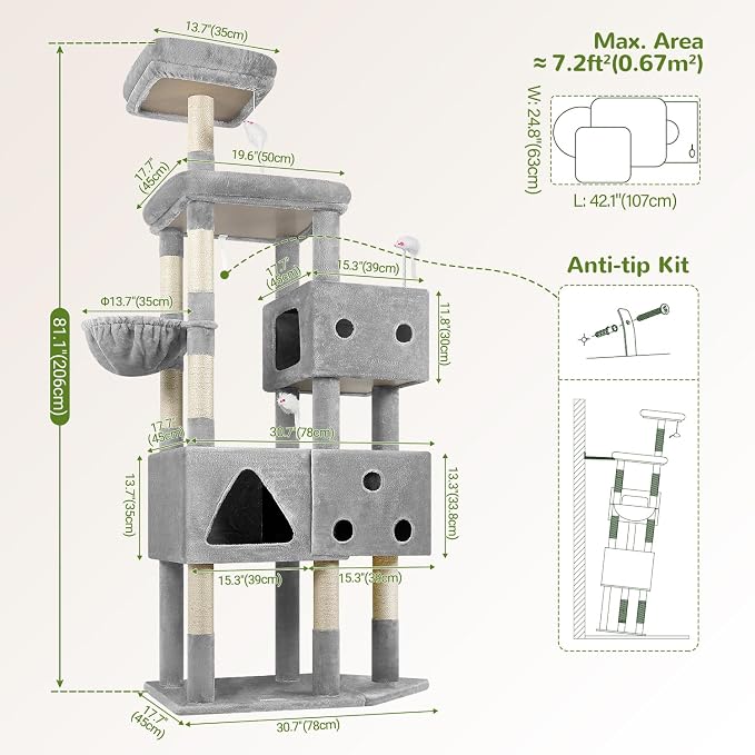 Globlazer Extra Large Cat Tower, 81-inch Tall Cat Tree for Big Cats 20 lbs, XXL Heavy Duty Cat Scratching Tower for Indoor Adult Cats with 3 Cat Condos, 8 Scratching Posts, F81, Light Grey