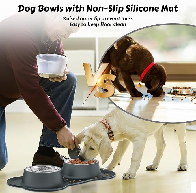 AsFrost Dog Food Bowls Stainless Steel Dog Food & Water Bowl Set with No Spill No Slip Silicone Mat, Dog Dishes for Small Medium Size Dogs Pet Cat Puppy Food Feeding Bowls, Grey, 24oz, 3 Cup