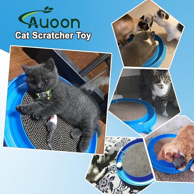 AUOON Cat Scratcher Toy with Ball Track for Indoor Cats and Kittens, Blue | 3 in 1 Interactive Cat Toy, Cat Scratch Pad with Cat Ball Toy and Cat Mouse Toy, for Chasing Exercise, Protect Furniture