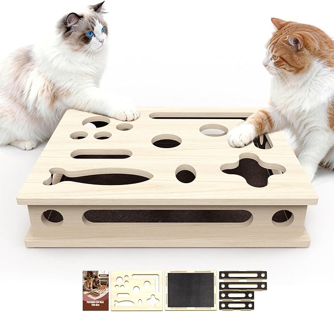Cat Scratch Puzzle Enrichment Box, Large Solid Wood with Sandpaper Inside | Cat Nail File Enrichment Box with Sandpaper Inside, Cat Nail File Box Stress Free Alternative to Clippers and Grinders