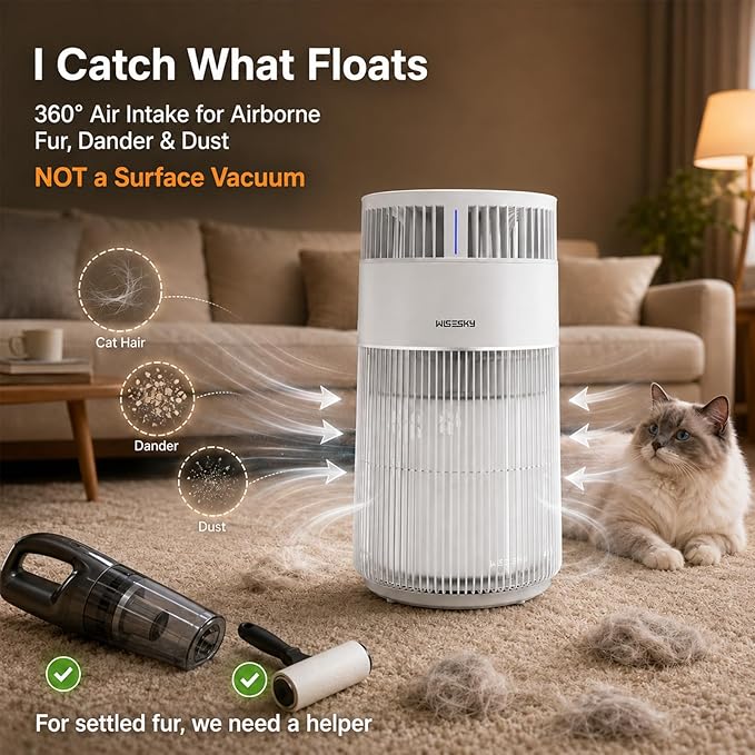WISESKY Cat Air Purifier with Bite-Resistant Cord & Wide Grille and Tip-Over Protection | Air Purifier for Home with 360° Air Intake for Pet Hair | APP Control | Covers Up to 1644 Sq.Ft