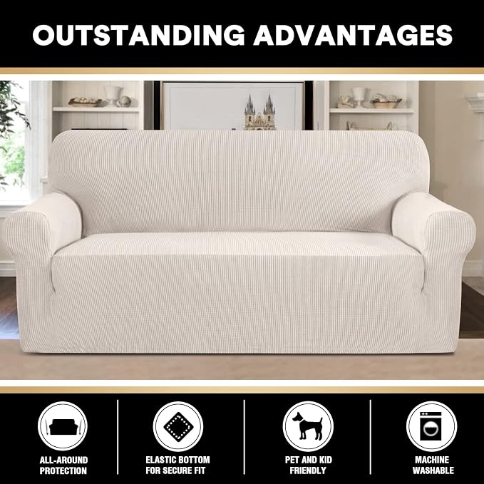 Oversized Stretch Sofa Cover Slipcover 1-Piece, Spandex Jacquard Fabric Universal Couch Cover for 3 Cushion, Washable Non Slip Sofa Cover, Pet Friendly (XL Sofa 101"-110", Ivory)