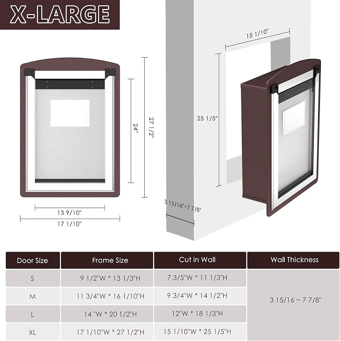 Extra Large Dog Door for Wall,Steel Frame,Up to 200lbs | 2 Magnetic Flaps, 2 Lock Panels,Telescoping Tunnel, Door for Interior and Exterior Wall, X-Large, Coffee Color