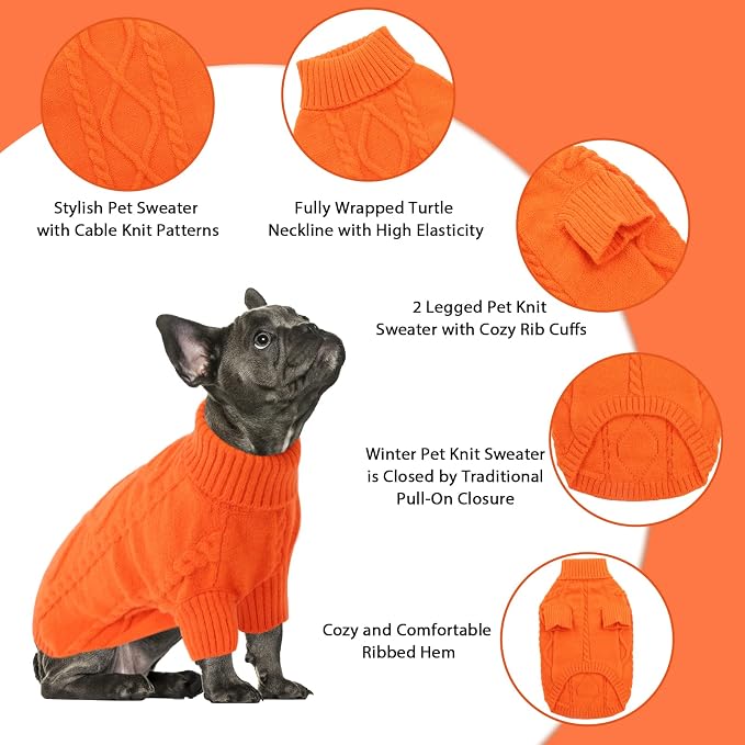 Queenmore Small Dog Pullover Sweater, Cold Weather Cable Knitwear, Classic Turtleneck Thick Warm Clothes for Chihuahua, Bulldog, Dachshund, Pug (Orange, Medium)