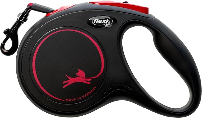 FLEXI® New Classic Tape Retractable Dog Leash, Medium 16ft -Black Red | German engineered, original flexi leash, durable quality, dogs up to 30-55 lbs, tangle-free, walking, reliable brake system