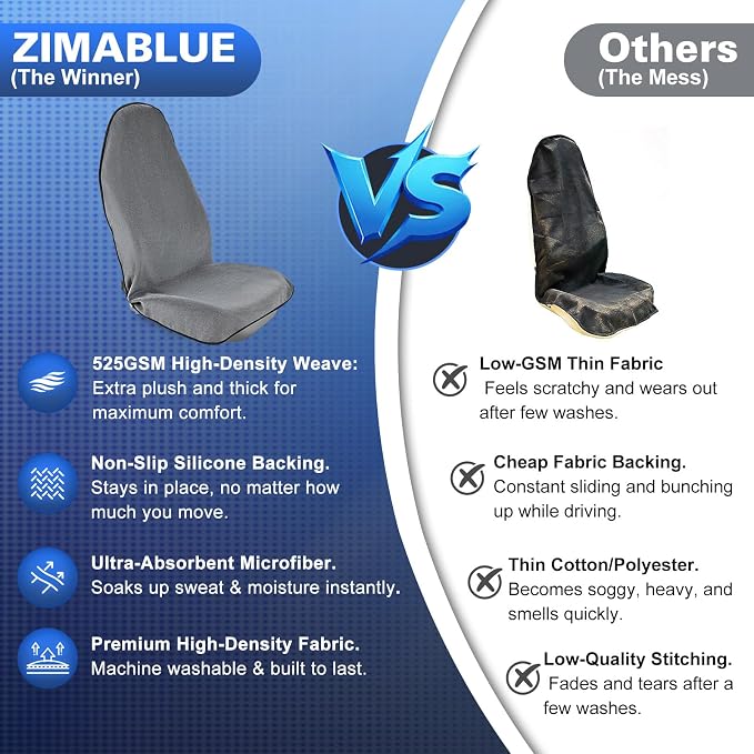 ZIMABLUE 2 Pack Waterproof Towel Car Seat Covers, 1kg Heavy Duty 3-Layer Microfiber Sweat Protector, Non-Slip Machine Washable Universal Bucket Seat Covers for Cars, SUVs, Gym, Beach, Pets, Gray
