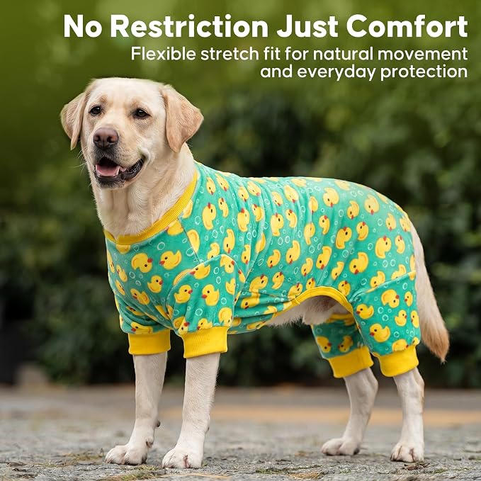 KYEESE Dog Pajamas Velvet Dog Pajamas Medium Sized Dogs Soft Dogs Clothes Pjs with Yellow Ducks Pattern Stretchy Pet Jammies Coat Comfy Pet Onesie Costume, 2X-Large