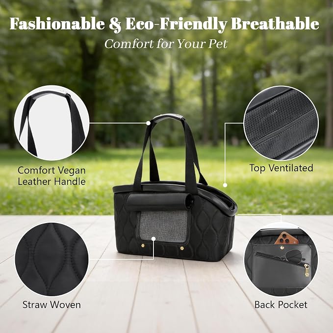 Luxury Dog Purse Carrier for Small Dogs Cats, TSA Airline Approved Puppy Kitten Carrier Soft-Sided Travel Tote Bag Up to 10 lbs (Black, 14.17'' L x 7.09''W x 8.66''H)