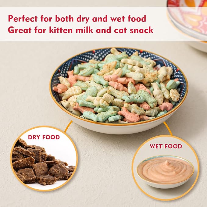 Ceramic Cat Bowls Set of 6 - Colorful Cute Shallow Cat Dishes - Great for Multi-Pet Homes - 5.6 Inch, Whisker Friendly and Wide - Microwave & Dishwasher Safe - 5.3 oz (185 ml)