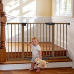 Cumbor 30-54" Extra Wide Baby Gate for Stairs, Dual Lock & Self-Closing Dog Gate Indoor, Easy Install Pet Gate for Doorways, Hallways & Kitchen, Easy Walk Thru Safety Proofing for Babies & Pets, Brown