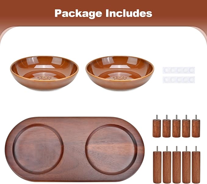 SPUNKYJUNKY Extra Wide Elevated Ceramic Cat Bowl with Acacia Wood Stand Whisker Friendly (Cat Paw Pattern, Brown)