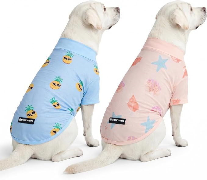 Spark Paws Sunblock Dog T-Shirt, SPF30 Protection, Lightweight Breathable Quick Dry for Dogs with Sensitive Skin - Pineapple & Seashells (Set of 2) - Size 2XL