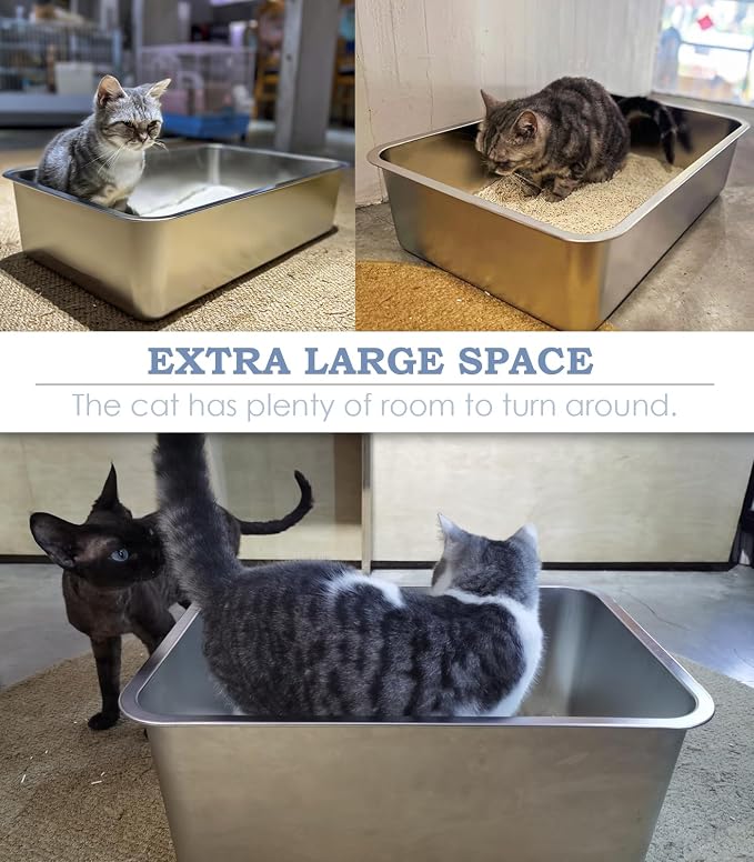 WENBOKMIN Stainless Steel Cat Litter Box - (19.5" L x 13.5" W x 4" H) | Non Slip, Easy to Clean, Never Absorbs Odor, Stains, or Rusts