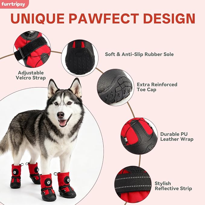 Dog Booties with Micro-Adjustable Dial, Waterproof Dog Shoes for Large Medium Small Dogs, Rugged Non-Slip Rubber Paw Protectors for Hot Pavement and Snow, Hiking 4PCS (Red, Size 7)