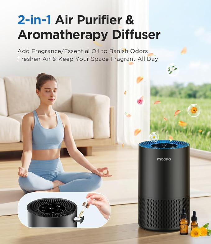 MOOKA H13 HEPA Air Purifier for Home Pet Large Room Up to 1300ft², Black | AP-S0610L, 360° Air Intake, 13dB Sleep Mode, Night Light, Child Lock, Fragrance, Timer, Bedroom Wildfire Smoke Dust Pollen
