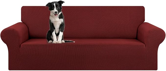 Stretch Oversized Couch Covers for Sofa Slipcover,Dark Red | 1-Piece Washable Sofa Cover (94"-110") 4-Seater Furniture Protector, Soft Jacquard Non-Slip Elastic Bottom for Dogs & Kids