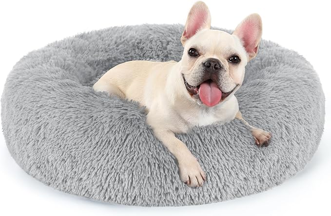 rabbitgoo Calming Cat Beds for Indoor Cats, 23 inches, Light Grey | Soft Warm Donut, Fluffy Faux Fur, Supportive Raised Rim, Anti-slip, Machine Washable, Up to 25lbs Cats & Small Dogs