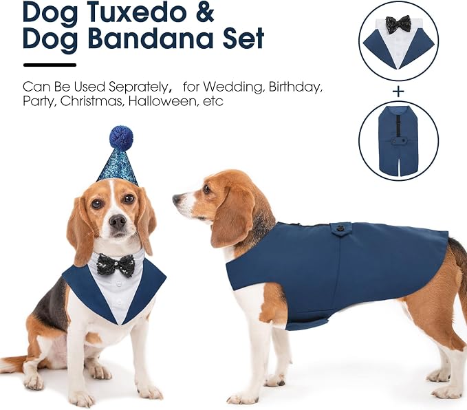 Kuoser Dog Tuxedo, Dog Suit and Bandana Set, Dogs Costume with D-Ring | Formal Dog Outfit with Detachable Bowtie Collar for Wedding, Birthday, Party, Christmas, Halloween, Royal Blue S
