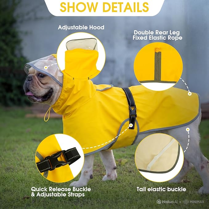 BRKURLEG Dog Raincoat, Waterproof Rain Jacket with Clear Hood for Small Medium and Large Dogs, Adjustable Reflective Pet Rain Coat Poncho with Leash Hole, Yellow XXL
