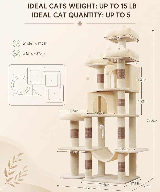 71 Inch Cat Trees for Large Cats, Heavy Duty Cat Tree Tower | Cat Condos for Indoor Cats Large Adult with Cat Scratching Post & 2 Condos, 9 Sisal Posts & Hammock, Beige
