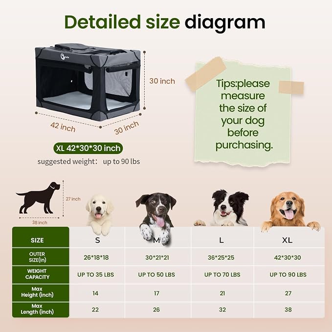 Portable Collapsible Soft Dog Crate for Extra Large Dogs,42in Black | Oxford Cloth Travel Camping dog kennel with 4 Mesh Windows & 2 Storage Pockets,for Indoor & Outdoor Use