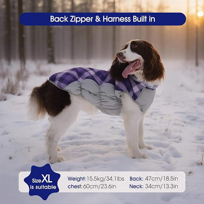 FUAMEY Dog Cold Weather Coats Reflective Dog Warm Jacket with Harness | Fleece Winter Coat for Medium Dogs Snow Puffer Vests with Zipper Reflective Turtleneck Jackets for Winter Purple Plaid M