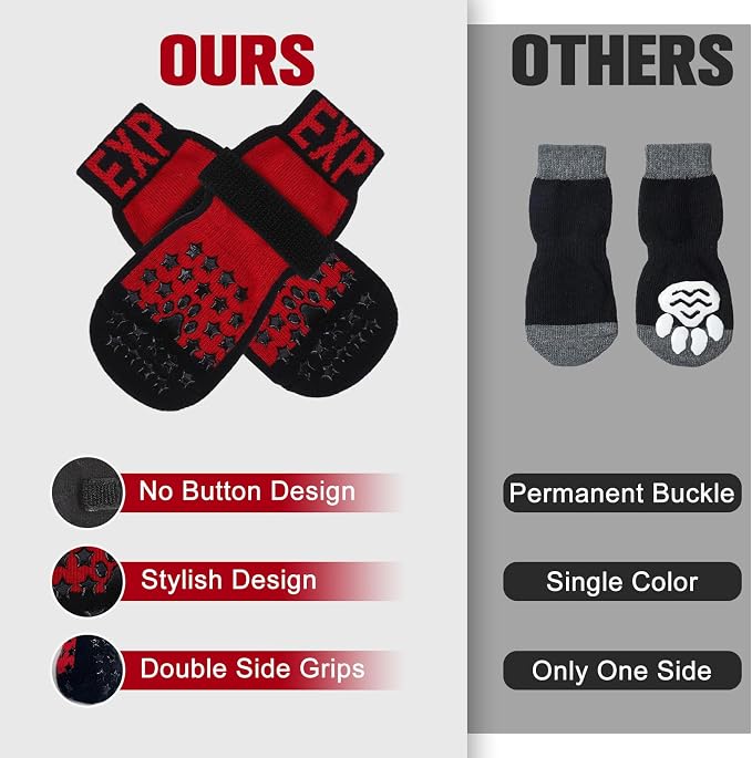 EXPAWLORER Anti Slip Dog Socks to Prevent Licking Paws, Dog Shoes for Hot Pavement, Booties for Hardwood Floors, Dog Boots & Paw Protectors with Grippers for Small Medium Large Senior Dogs Red