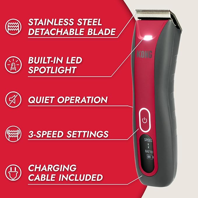 Kong 3-Speed Cordless-Corded Dog Clipper Kit – Stainless Steel Blade, Waterproof, LED Spotlight, Use-While-Charging, 6 Guide Combs, Ergonomic Handle – Red/Gray, All Coat Types