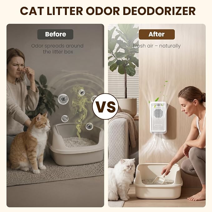Cat Litter Deodorizer-White ABS Rechargeable Pet Odor Eliminator | 30dB Quiet Internal Circulation, 60-Day Plant Refill, Safe for Cats, Chemical-Free (Fits Litter Box, Bathroom, Car)