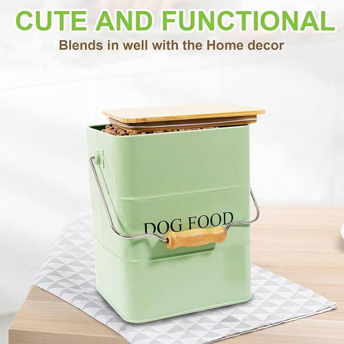Dog Food storage container Dog Treats Jar,5~6 lb Metal food treats tin for Dog, pet snacks Canisters with wooden lid/handle/sevice scoop-Green