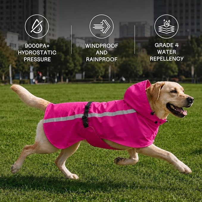 Stretch Fabric Dog Raincoat with Hood, Reflective Rain Poncho for Small Dogs, Adjustable Waterproof Dog Rain Jacket with Leash Opening, Hot Pink, Small