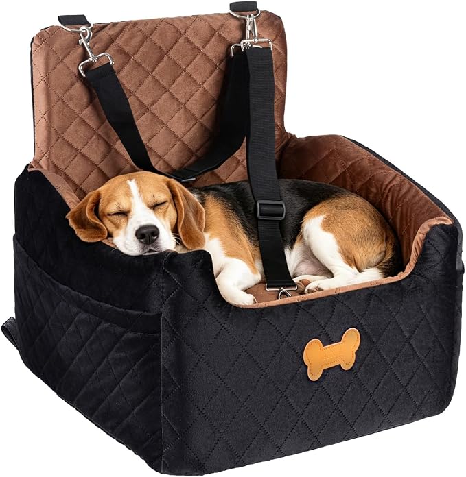 Dog Car Seat for Small Dogs, Dog Booster Seat Filling in Thick Memory Foam with 2 Safety Leashes and Storage Pocket, Suitable for Pet Under 30lb or 2 Puppies (Brown/Black)